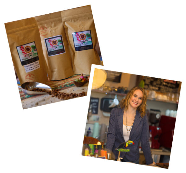 Verpackter Spezialitätenkaffee und Caféinhaberin – individueller Kaffee für Firmenkunden